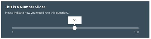 Das Bild zeigt die fertige Ansicht einer Number Slider Box mit Werten von 0 bis 100, der Schieberegler ist bei 50 positioniert. Der Bildtext lautet: Dies ist ein Zahlenschieber. Bitte geben Sie an, wie Sie diese Frage bewerten würden.
