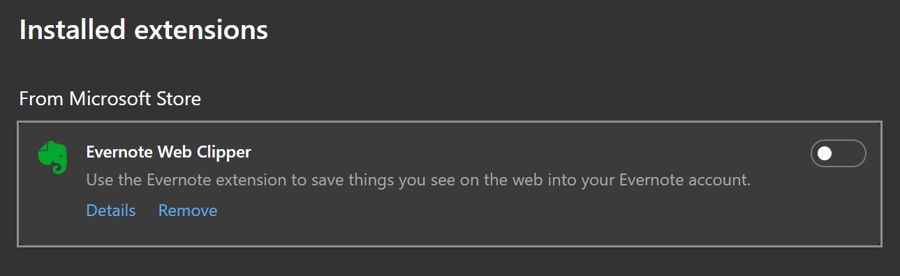 Example image of the Evernote Extension being disabled in Microsoft Edge.