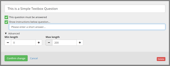 Image showing an example of some of the options available when setting up a question, such as if it is a required question, and minimum and maximum character response length.