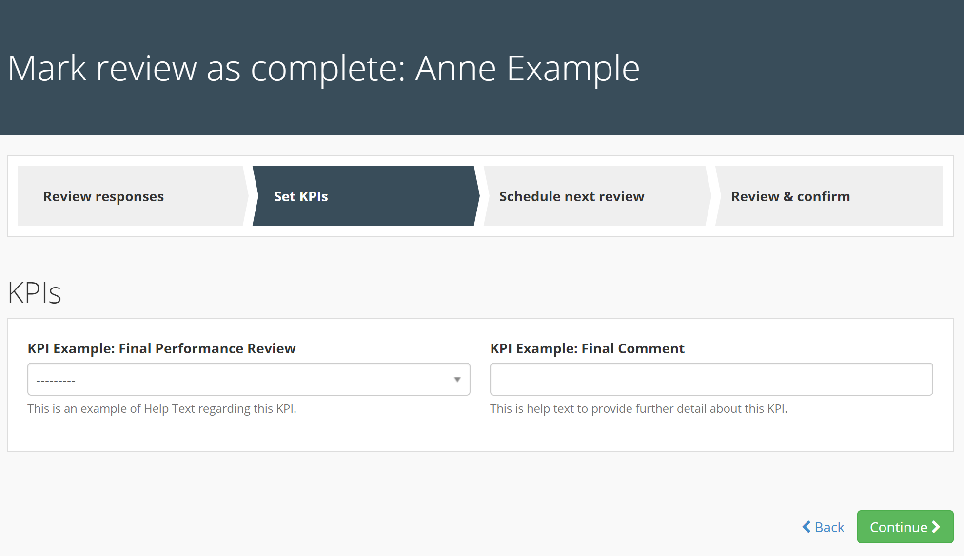 Image of both KPI examples side by side in the final Completion Form of the Performance Review. The help text is automatically displayed beneath the entry field for each KPI.