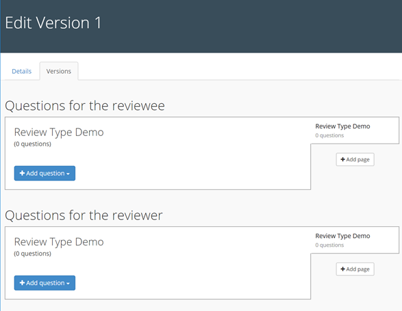 Image showing the start of a demonstration review form, including the section for Reviewee questions and Reviewer questions.