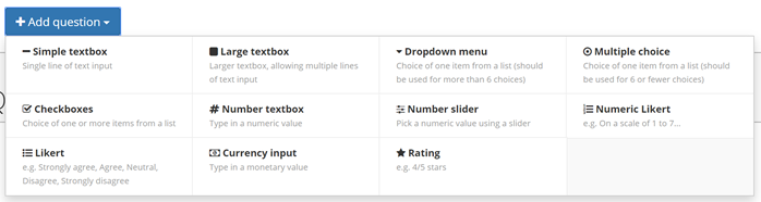 Image showing the eleven general question types to choose from.