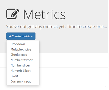 Image shows the list of options available when the Create Metric button is clicked, which includes all of the available question types.