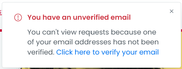 Image showing the message, you have an unverified email address, with link to verify